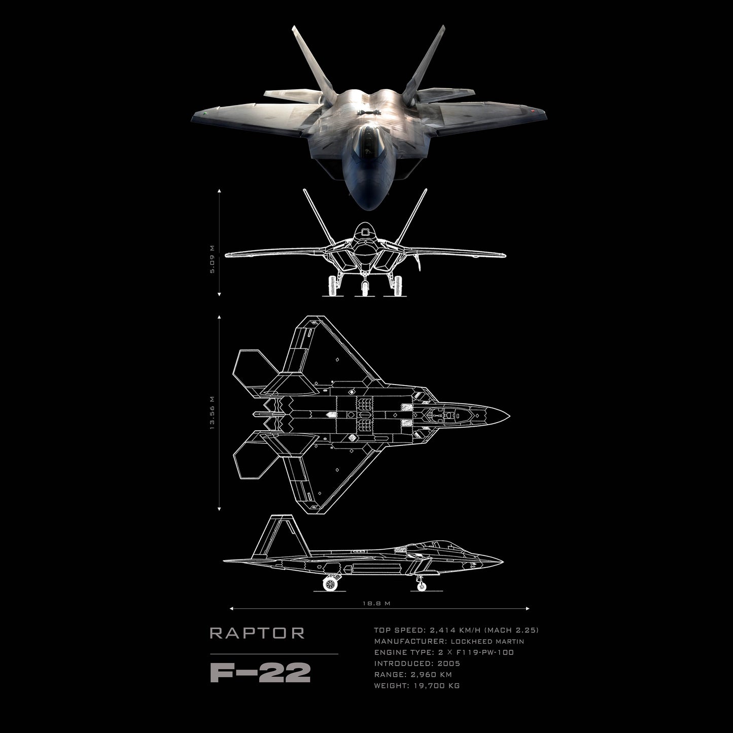 Fighter Jet F22 Raptor Schematics - Ultra Max Poster